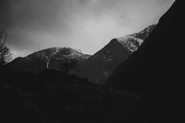 Snow capped mountain in black and white